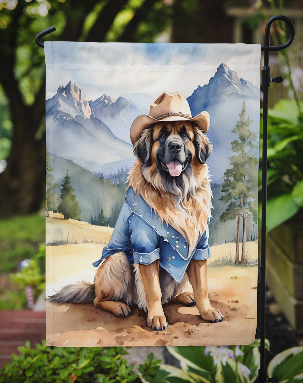 Leonberger Cowboy Welcome Garden Flag – Western Dog Yard Decor with Mountain Landscape