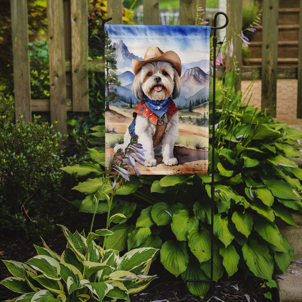 Lhasa Apso Cowboy Welcome Garden Flag – Western Dog Yard Decor with Mountain Landscape