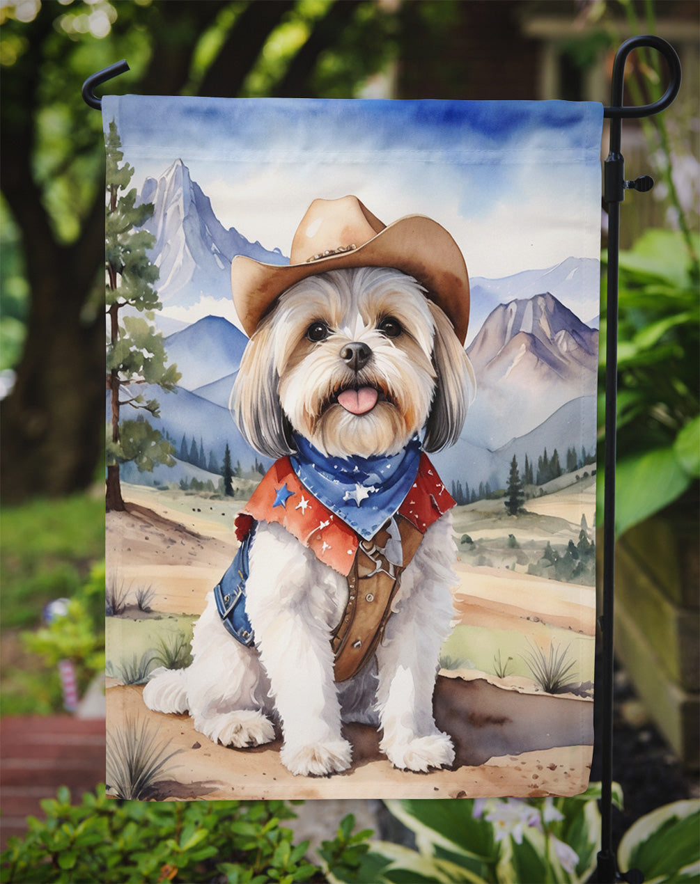 Lhasa Apso Cowboy Welcome Garden Flag – Western Dog Yard Decor with Mountain Landscape