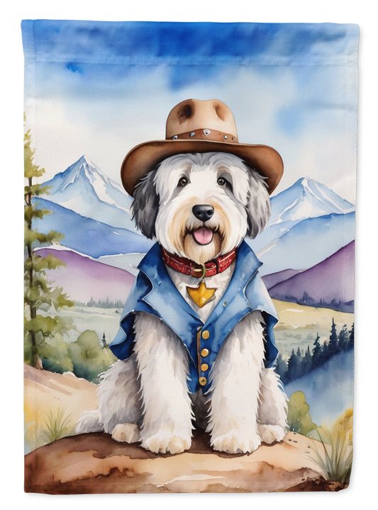Old English Sheepdog Cowboy Welcome Garden Flag – Western Dog Yard Decor with Mountain Landscape