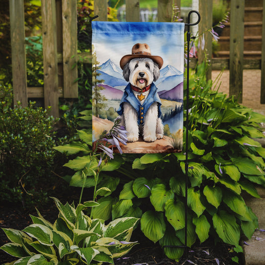 Old English Sheepdog Cowboy Welcome Garden Flag – Western Dog Yard Decor with Mountain Landscape