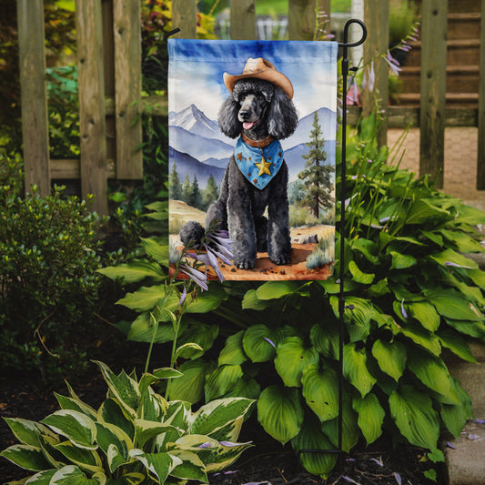 Black Poodle Cowboy Welcome Garden Flag – Western Dog Yard Decor with Mountain Landscape