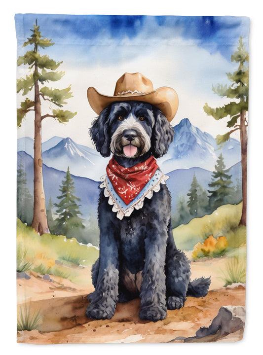 Portuguese Water Dog Cowboy Welcome Garden Flag – Western Dog Yard Decor with Mountain Landscape