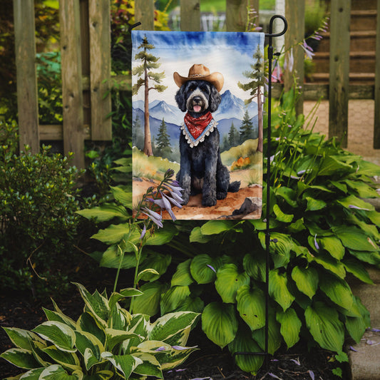 Portuguese Water Dog Cowboy Welcome Garden Flag – Western Dog Yard Decor with Mountain Landscape