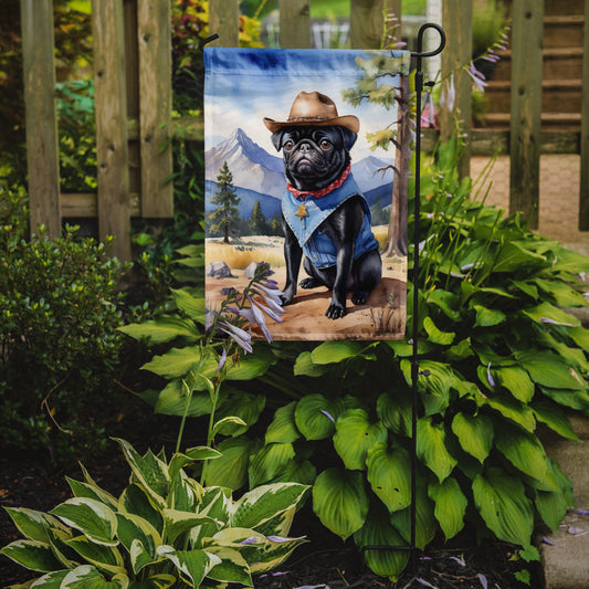 Pug Cowboy Welcome Garden Flag – Western Dog Yard Decor with Mountain Landscape