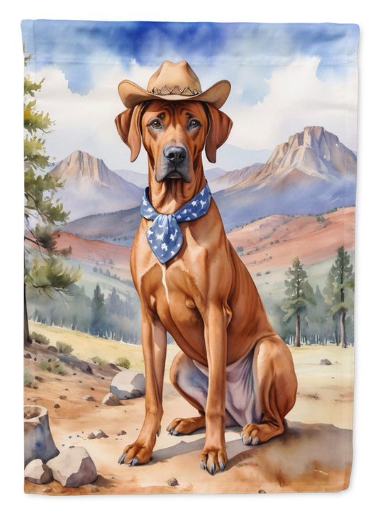 Rhodesian Ridgeback Cowboy Welcome Garden Flag – Western Dog Yard Decor with Mountain Landscape