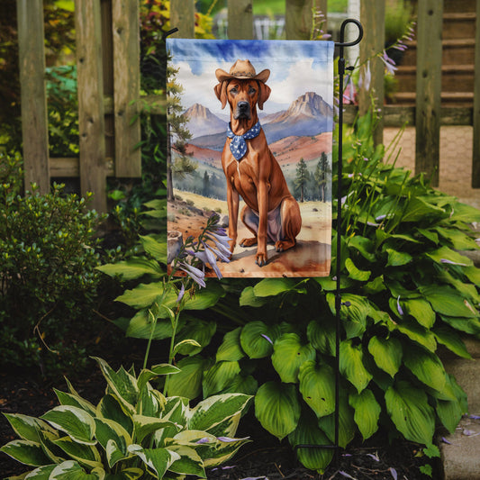 Rhodesian Ridgeback Cowboy Welcome Garden Flag – Western Dog Yard Decor with Mountain Landscape