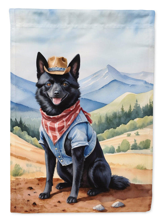 Schipperke Cowboy Welcome Garden Flag – Western Dog Yard Decor with Mountain Landscape