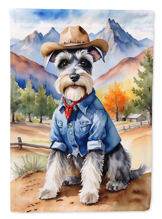 Schnauzer Cowboy Welcome Garden Flag – Western Dog Yard Decor with Mountain Landscape