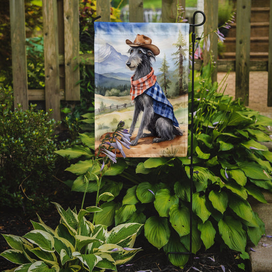Scottish Deerhound Cowboy Welcome Garden Flag – Western Dog Yard Decor with Mountain Landscape