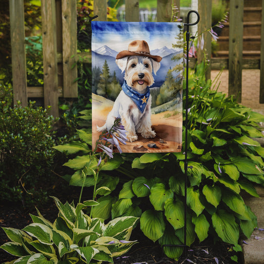 Sealyham Terrier Cowboy Welcome Garden Flag – Western Dog Yard Decor with Mountain Landscape