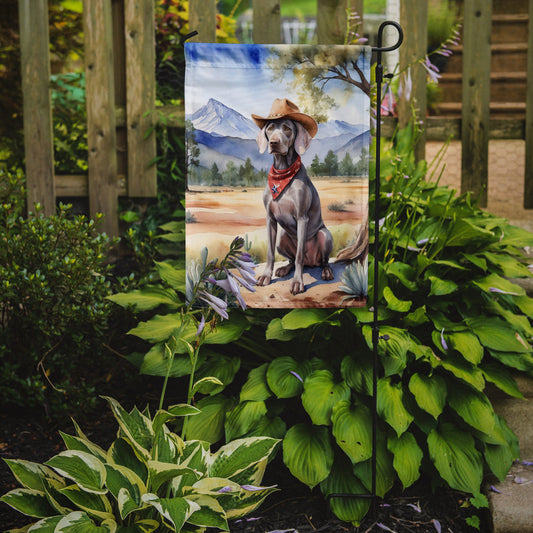 Weimaraner Cowboy Welcome Garden Flag – Western Dog Yard Decor with Mountain Landscape