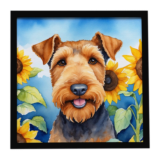 Airedale Terrier in Sunflowers Framed Metal Print