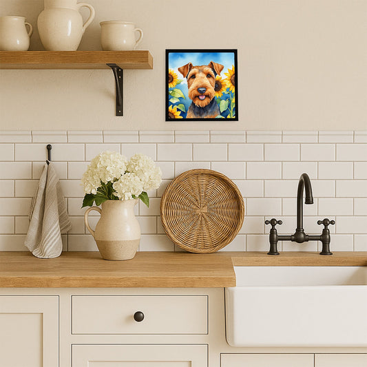 Airedale Terrier in Sunflowers Framed Metal Print