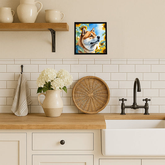 Akita in Sunflowers Framed Metal Print