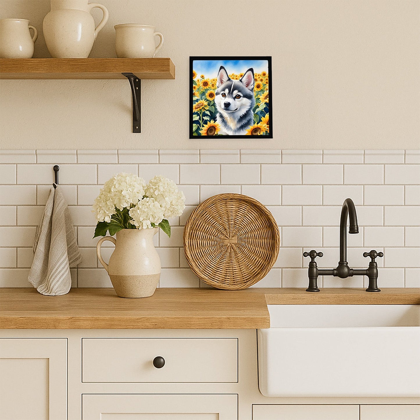 Alaskan Klee Kai in Sunflowers Framed Metal Print