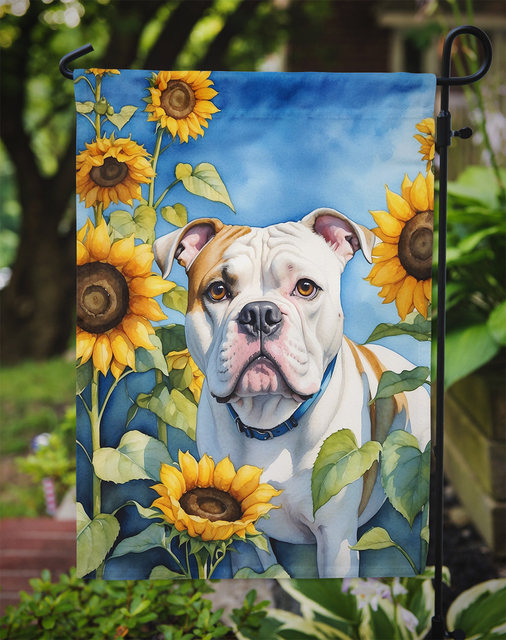 American Bulldog in Sunflowers Garden Flag – Bright Dog-Themed Yard Decor
