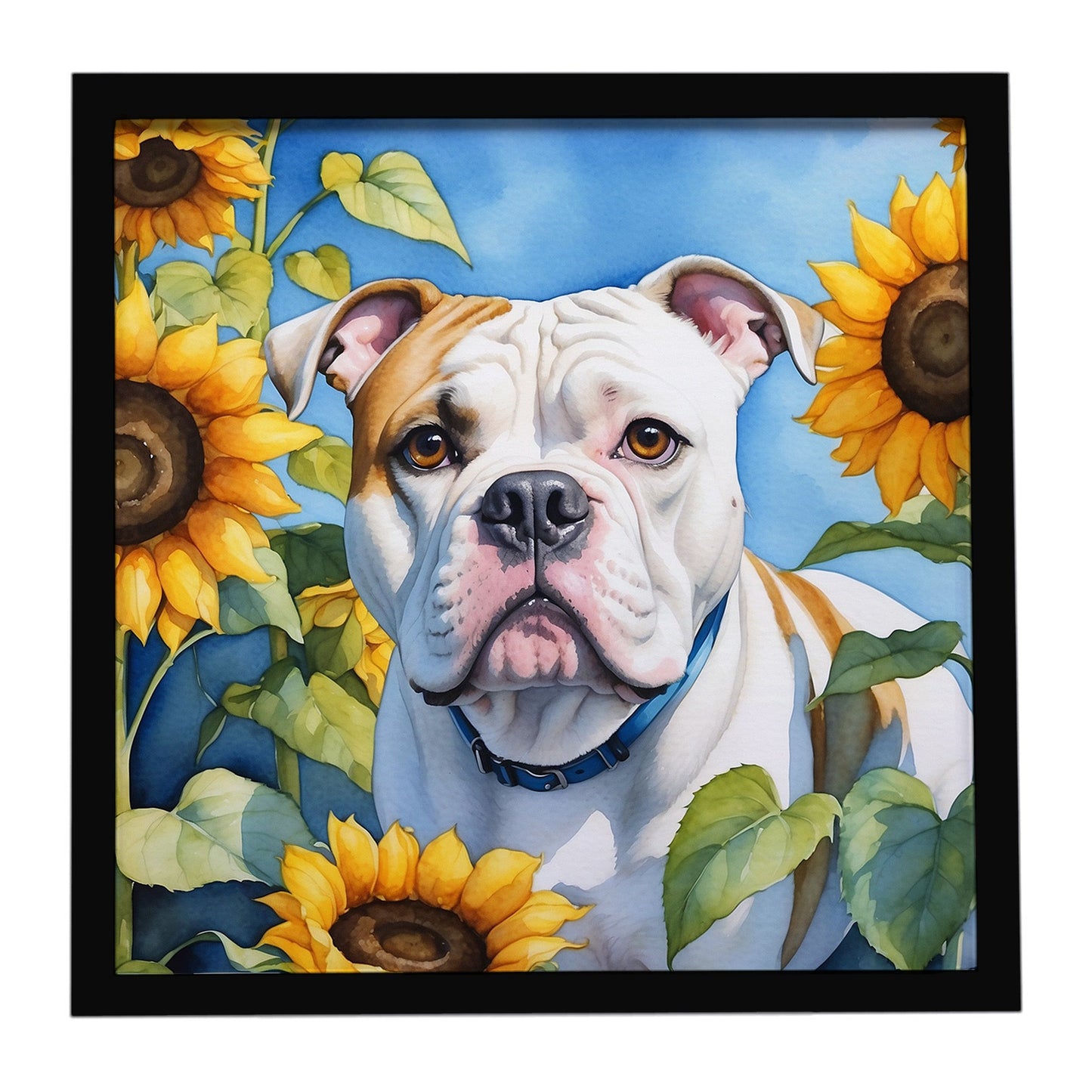 American Bulldog in Sunflowers Framed Metal Print