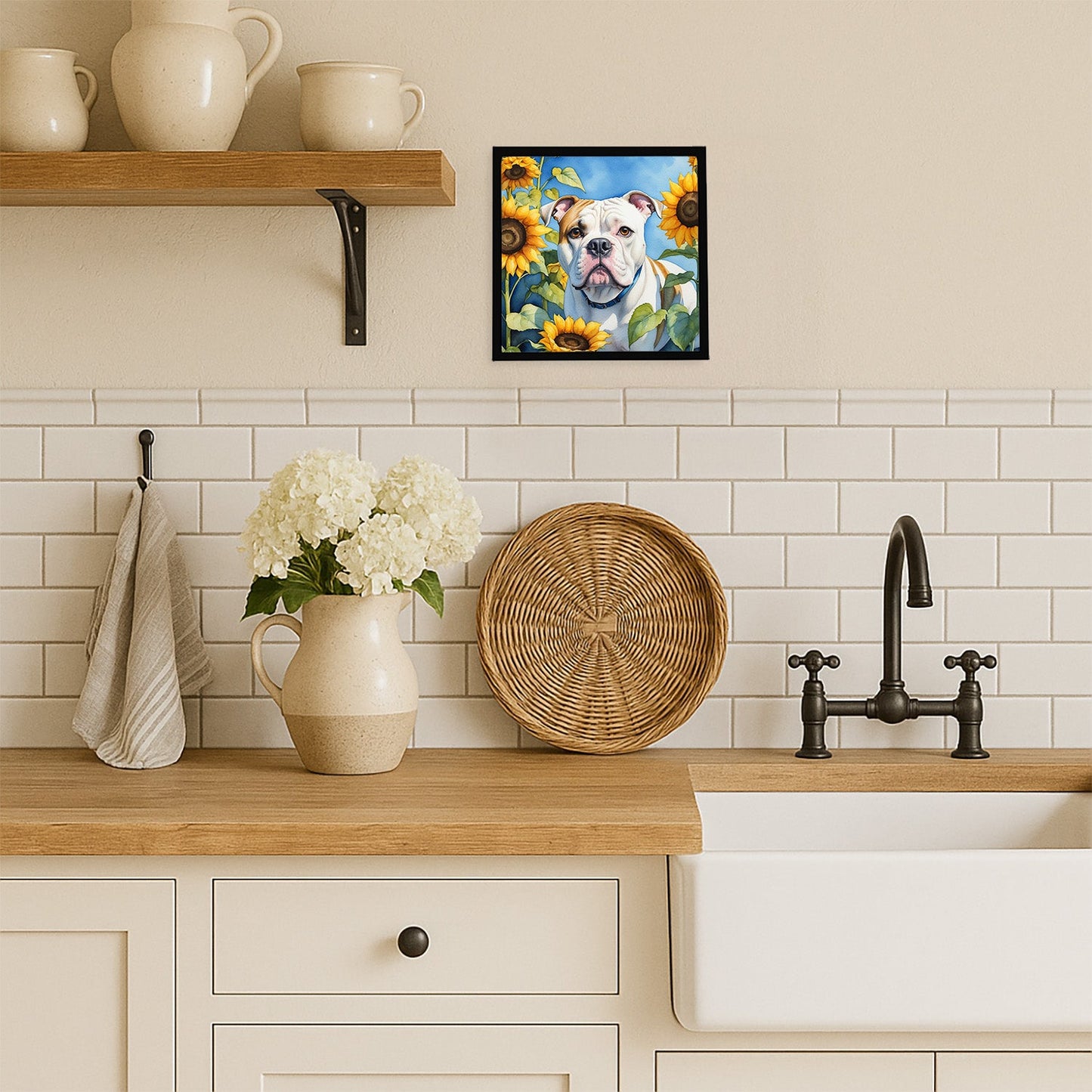 American Bulldog in Sunflowers Framed Metal Print