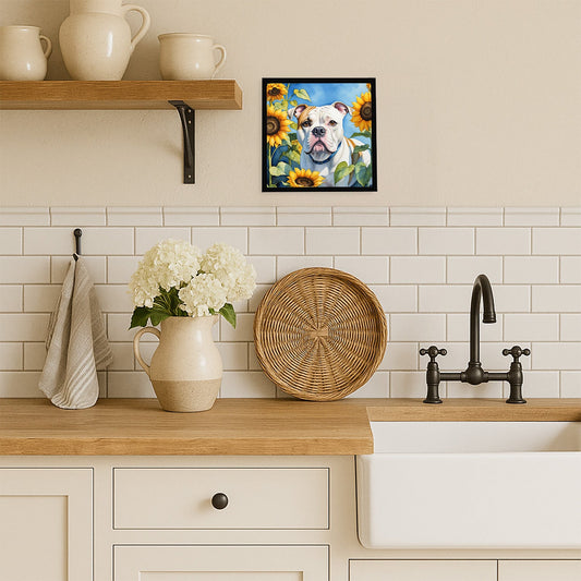 American Bulldog in Sunflowers Framed Metal Print