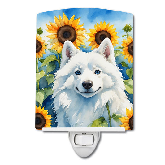 American Eskimo in Sunflowers Ceramic Night Light