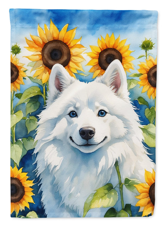 American Eskimo in Sunflowers Garden Flag – Bright Dog-Themed Yard Decor