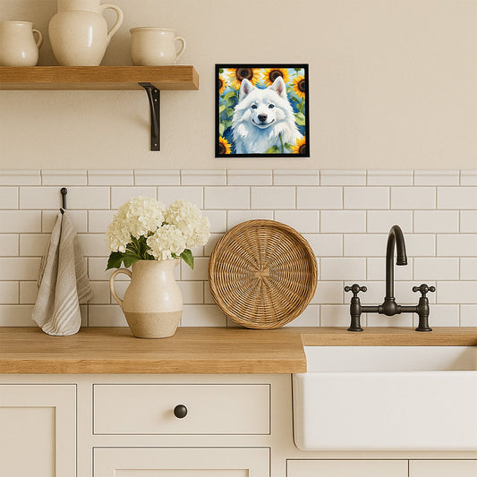 American Eskimo in Sunflowers Framed Metal Print