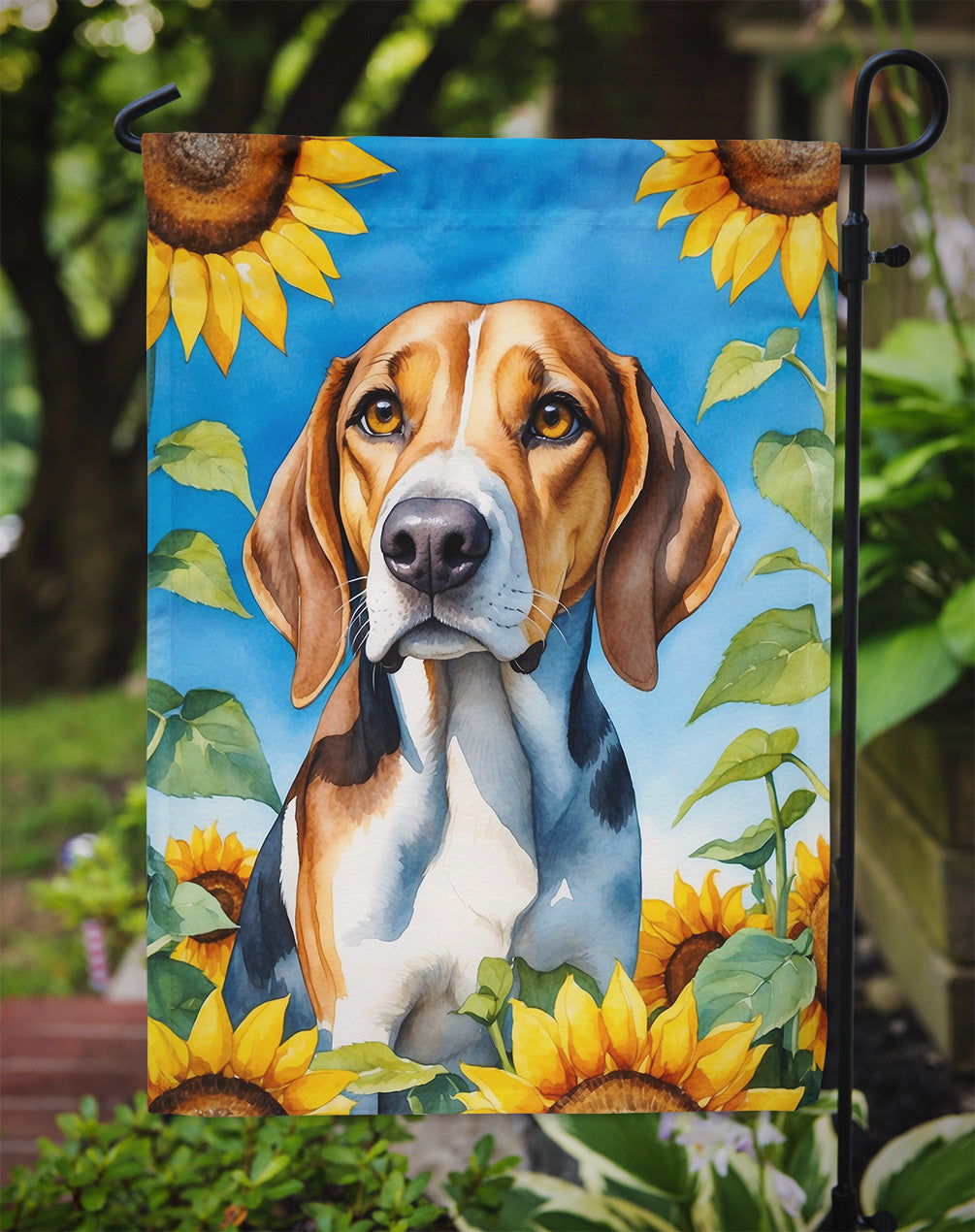 American Foxhound in Sunflowers Garden Flag – Bright Dog-Themed Yard Decor