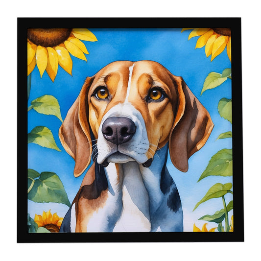 American Foxhound in Sunflowers Framed Metal Print