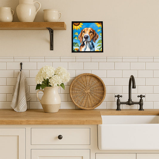 American Foxhound in Sunflowers Framed Metal Print