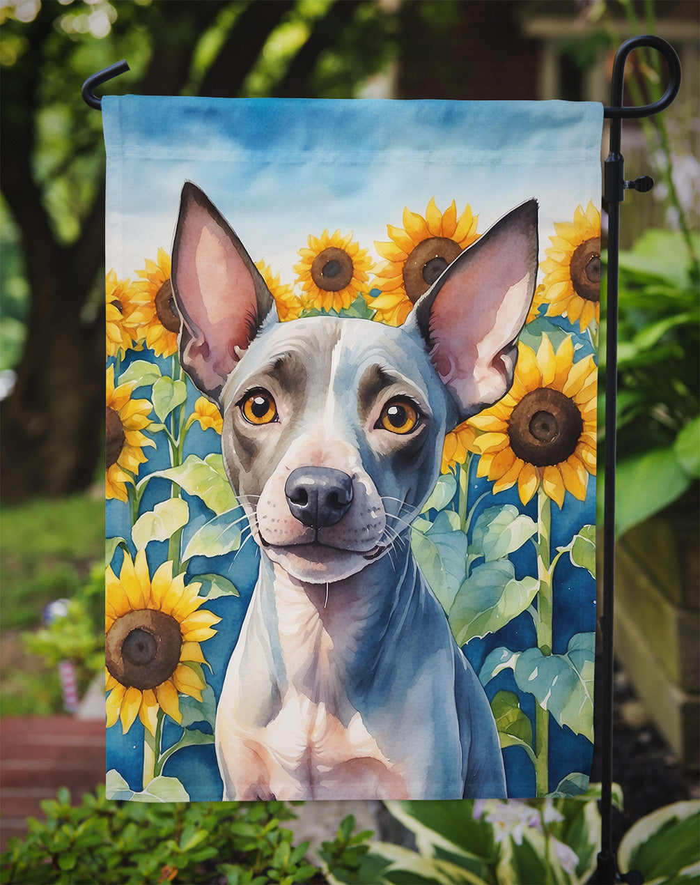 American Hairless Terrier in Sunflowers Garden Flag – Bright Dog-Themed Yard Decor