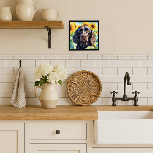 American Water Spaniel in Sunflowers Framed Metal Print