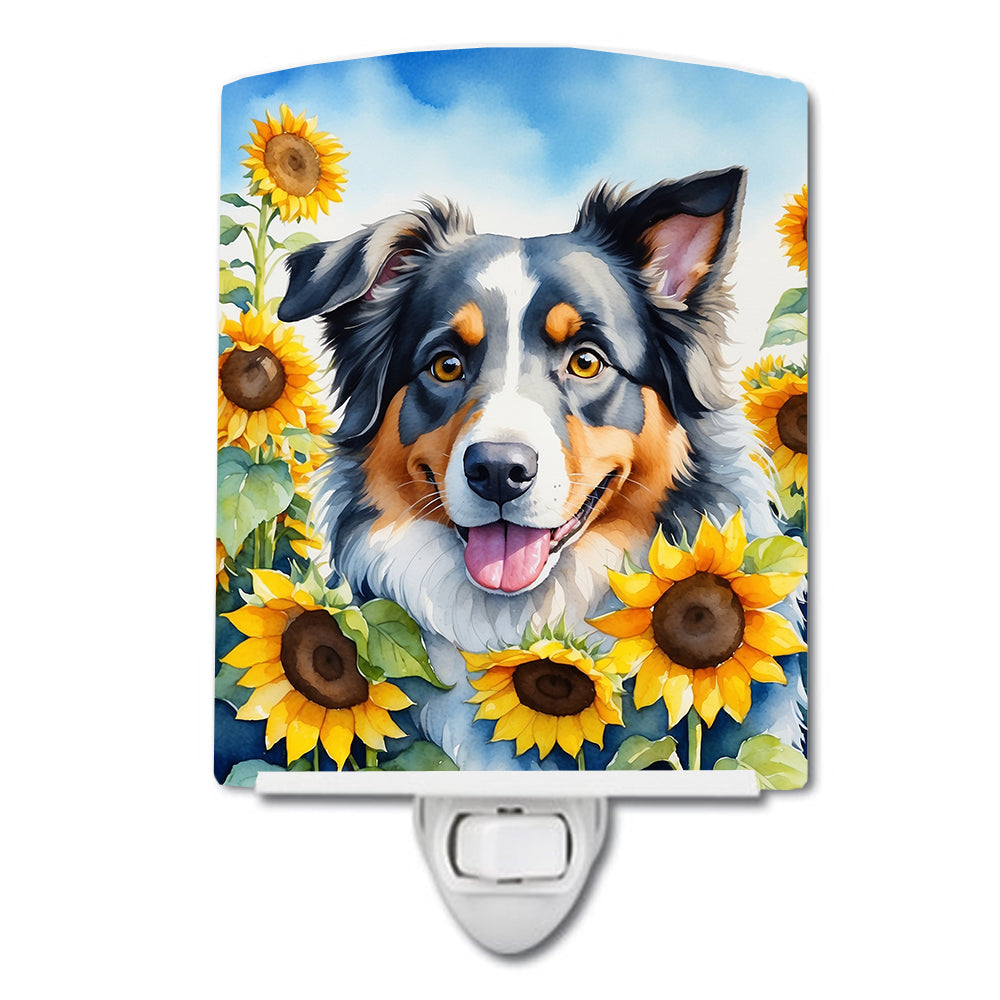 Australian Shepherd in Sunflowers Ceramic Night Light