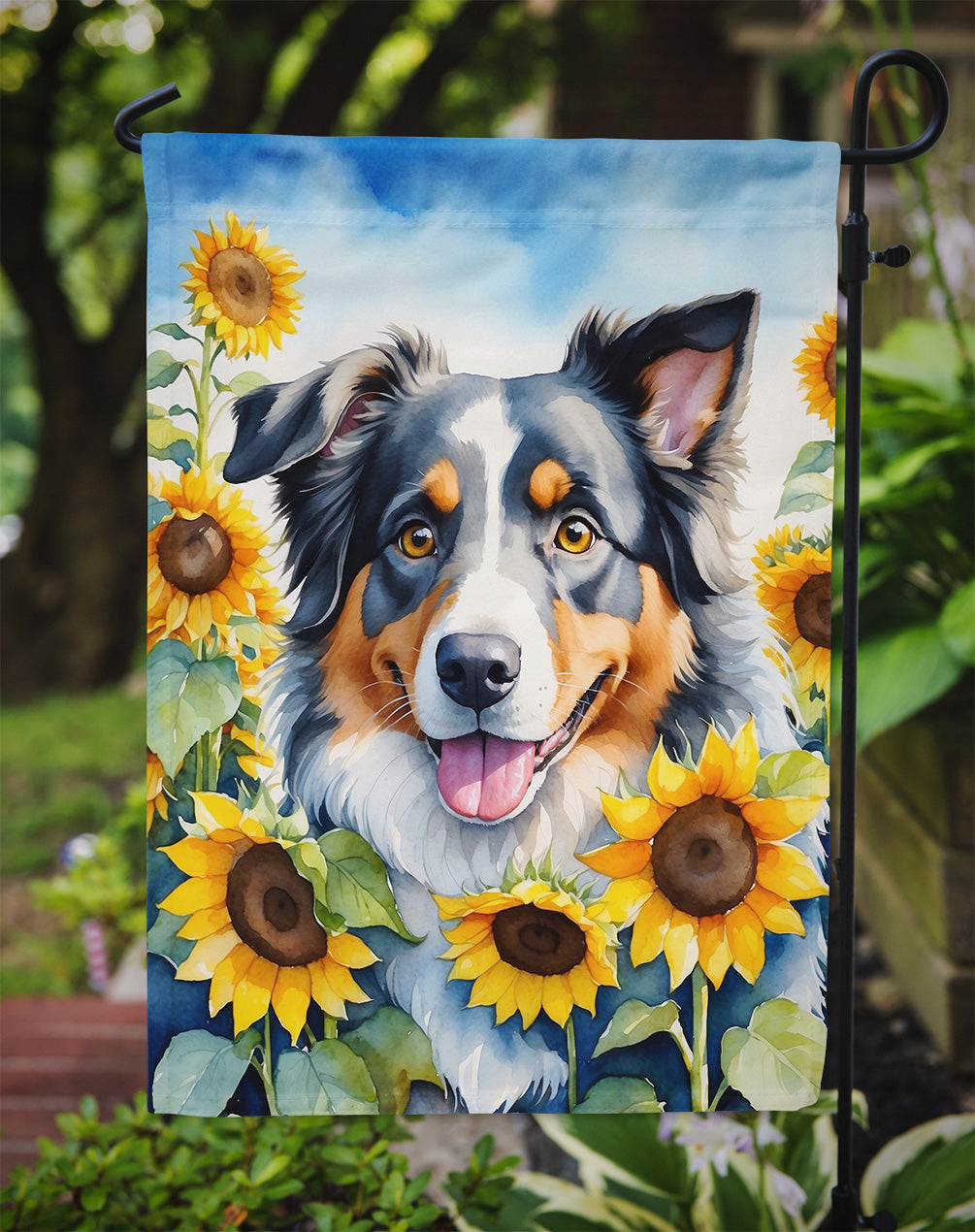 Australian Shepherd in Sunflowers Garden Flag – Bright Dog-Themed Yard Decor