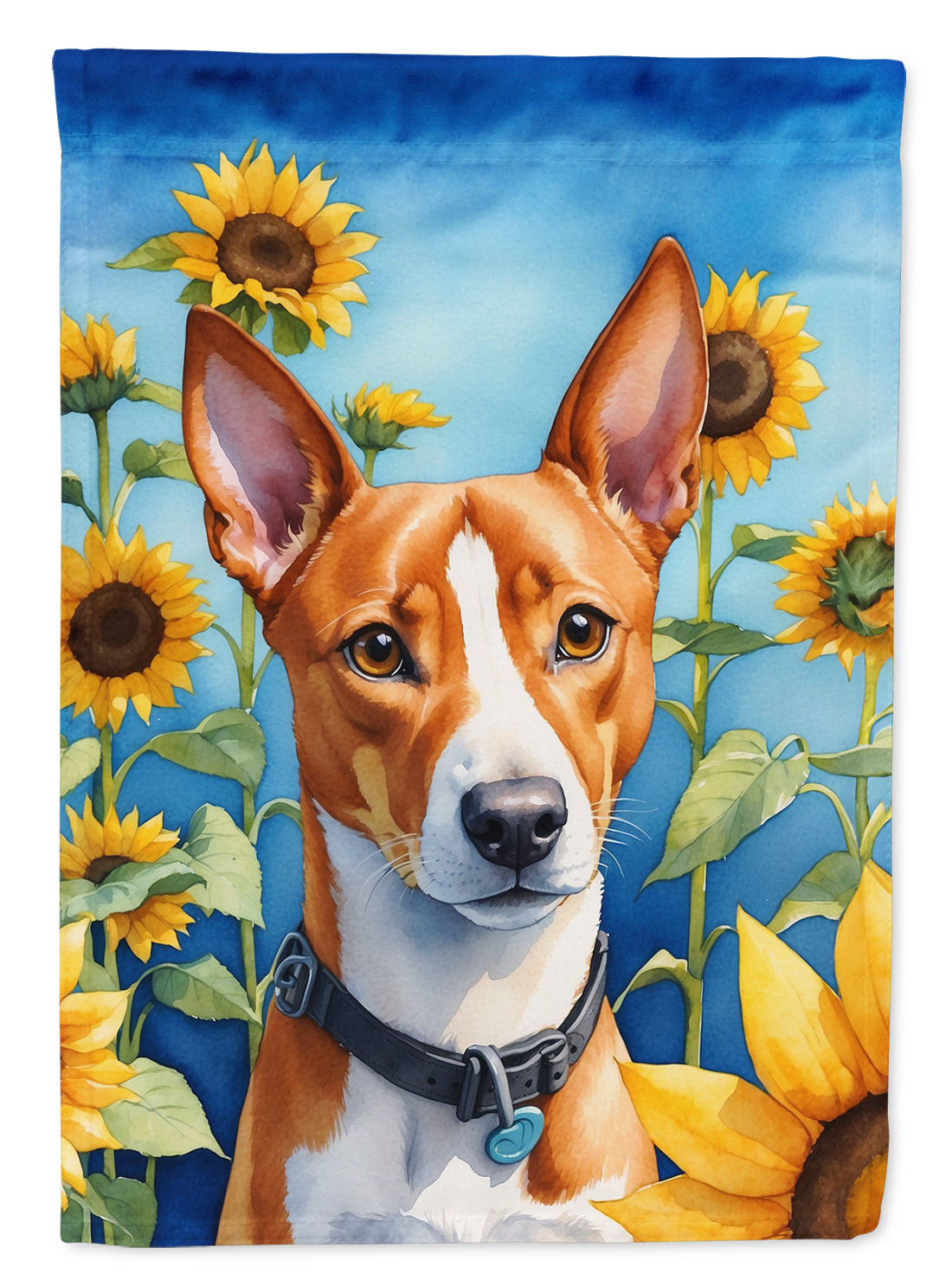 Basenji in Sunflowers Garden Flag – Bright Dog-Themed Yard Decor
