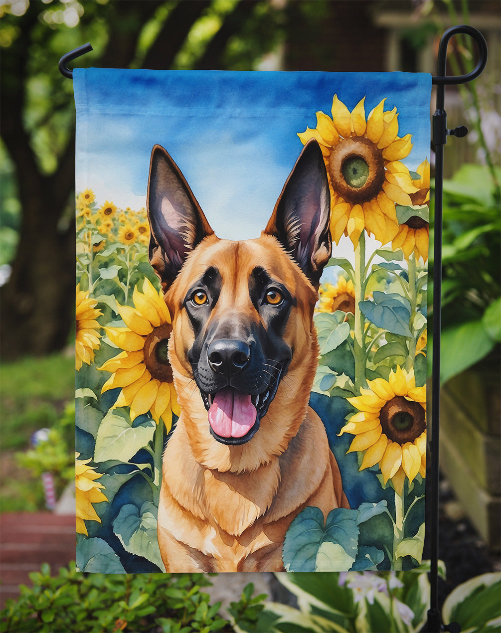 Belgian Malinois in Sunflowers Garden Flag – Bright Dog-Themed Yard Decor