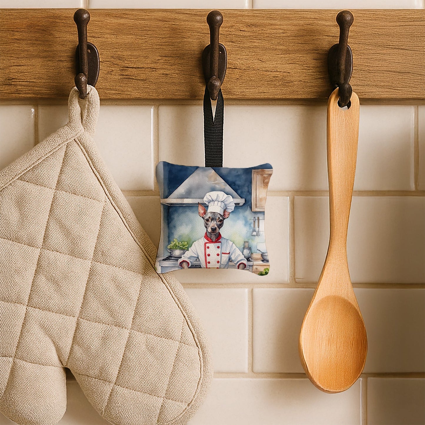 American Hairless Terrier The Chef Hanging Square Fabric Ornament 3.5 × 3.5