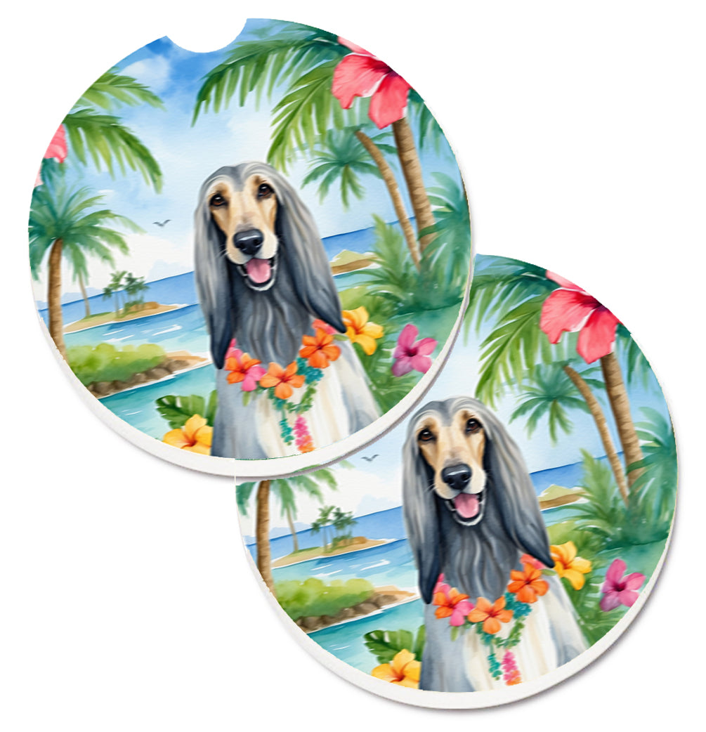 Afghan Hound Luau Car Coasters – Set of 2 - Absorbent Stone with Fun & Functional Artwork
