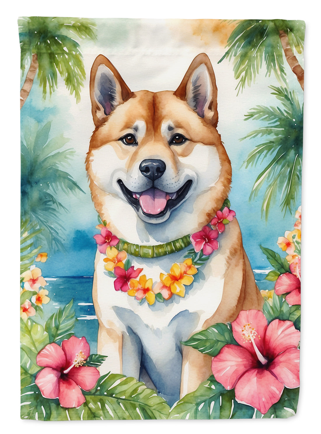 Akita Luau Garden Flag – Tropical Dog Decor with Hibiscus & Palm Leaves