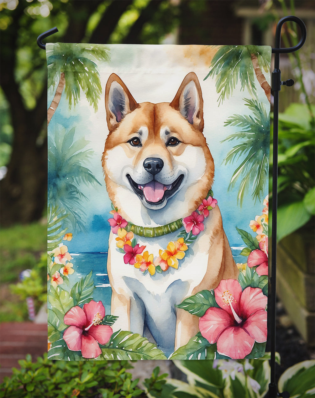 Akita Luau Garden Flag – Tropical Dog Decor with Hibiscus & Palm Leaves