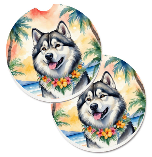 Alaskan Malamute Luau Car Coasters – Set of 2 - Absorbent Stone with Fun & Functional Artwork