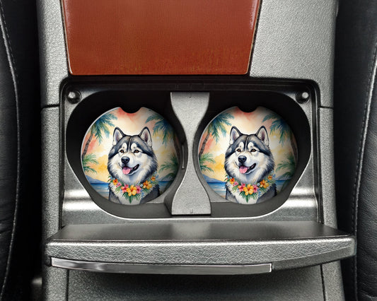 Alaskan Malamute Luau Car Coasters – Set of 2 - Absorbent Stone with Fun & Functional Artwork