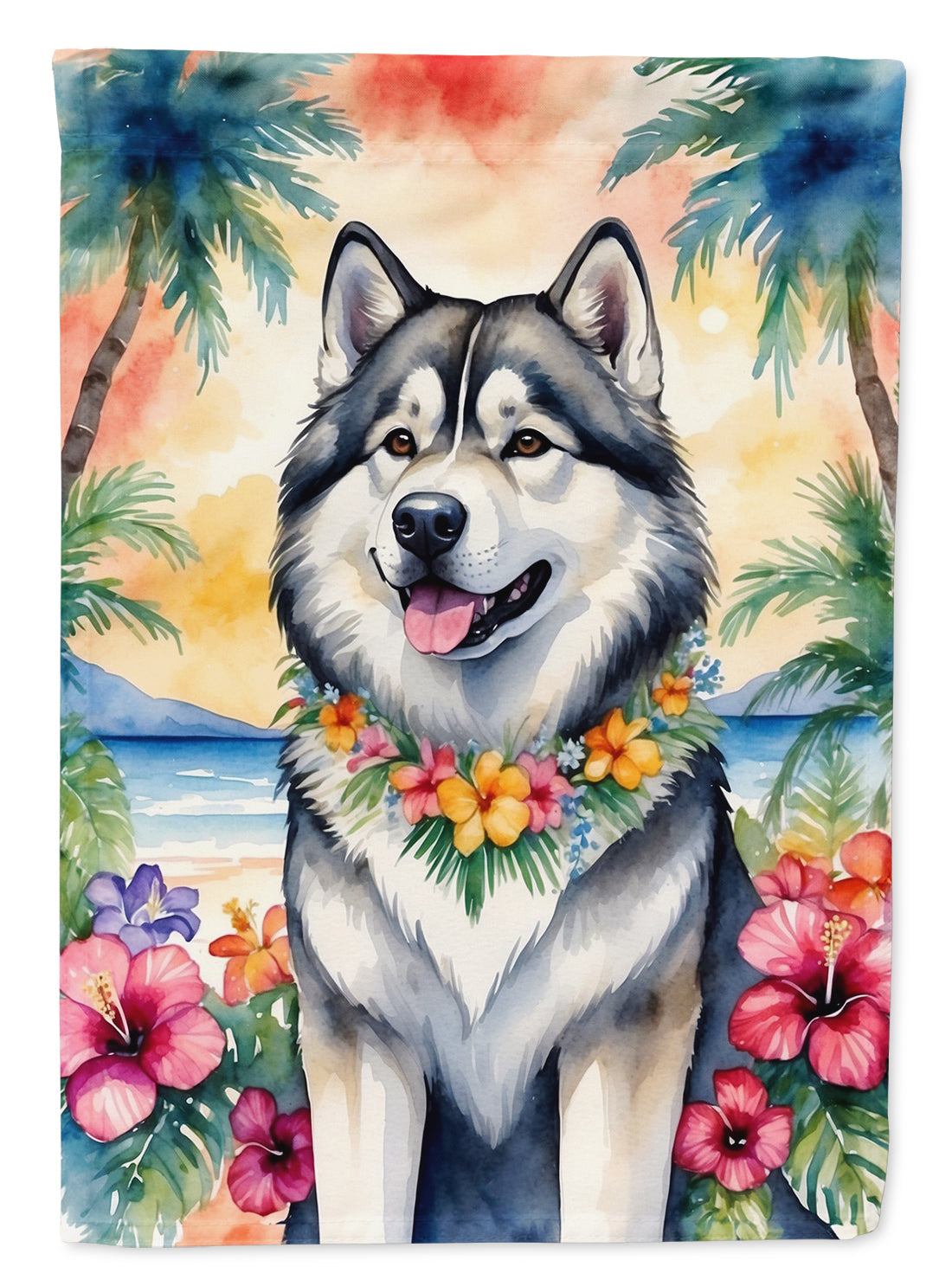 Alaskan Malamute Luau Garden Flag – Tropical Dog Decor with Hibiscus & Palm Leaves