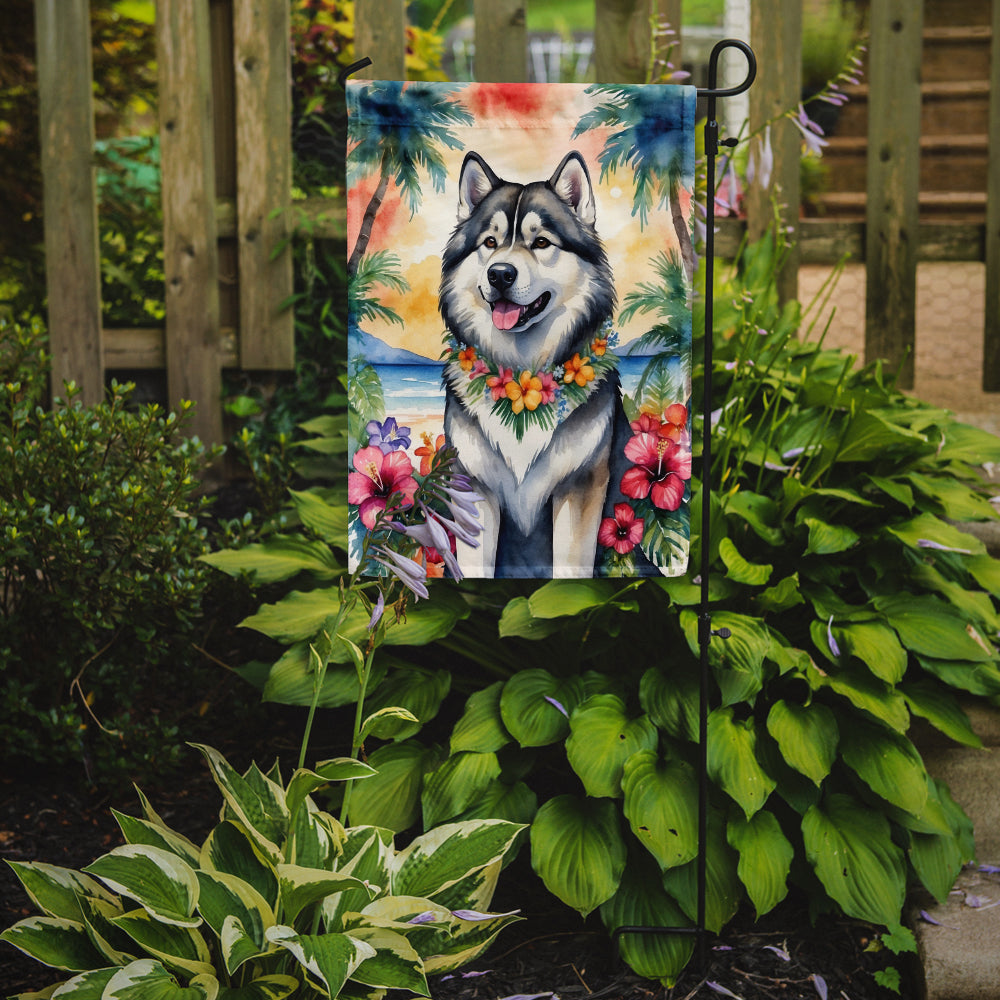 Alaskan Malamute Luau Garden Flag – Tropical Dog Decor with Hibiscus & Palm Leaves