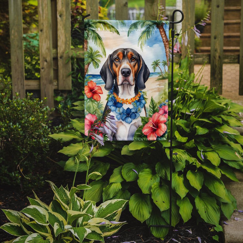 American English Coonhound Luau Garden Flag – Tropical Dog Decor with Hibiscus & Palm Leaves