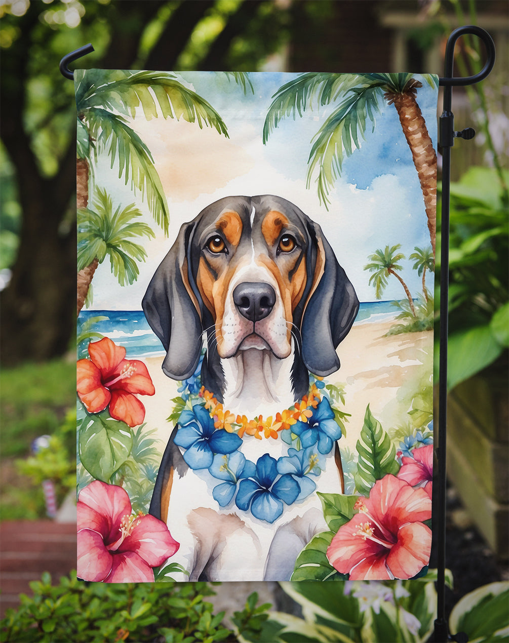 American English Coonhound Luau Garden Flag – Tropical Dog Decor with Hibiscus & Palm Leaves