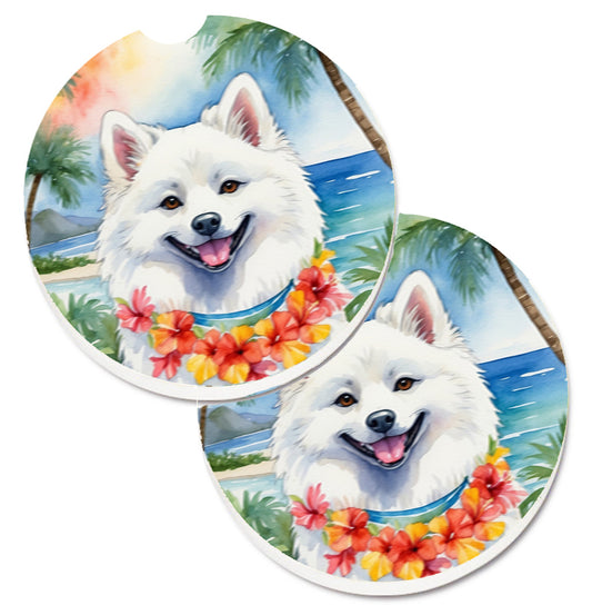 American Eskimo Luau Car Coasters – Set of 2 - Absorbent Stone with Fun & Functional Artwork