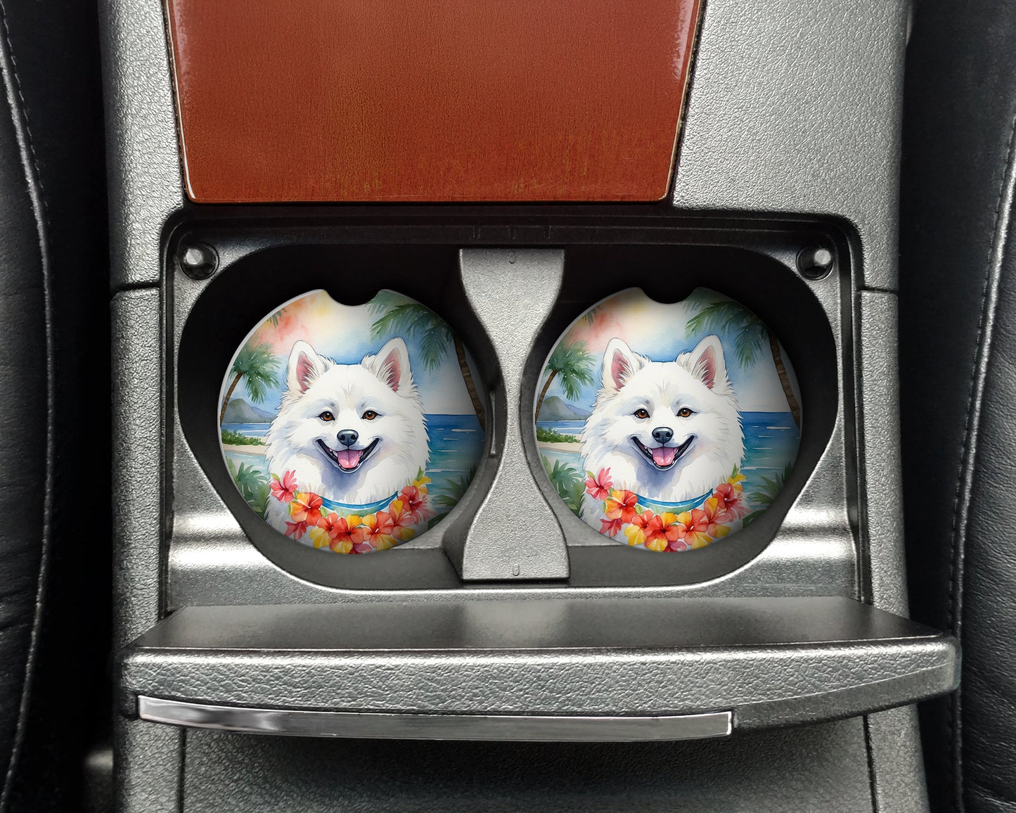 American Eskimo Luau Car Coasters – Set of 2 - Absorbent Stone with Fun & Functional Artwork