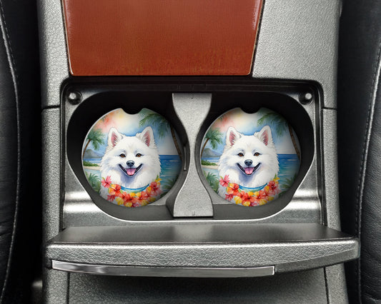 American Eskimo Luau Car Coasters – Set of 2 - Absorbent Stone with Fun & Functional Artwork