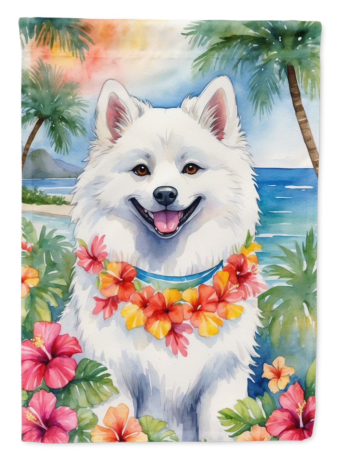 American Eskimo Luau Garden Flag – Tropical Dog Decor with Hibiscus & Palm Leaves